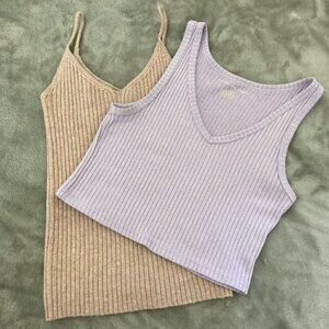 American Eagle Set of 2 Ribbed Tank Top & Crop V-Neck Tan Lavender Small